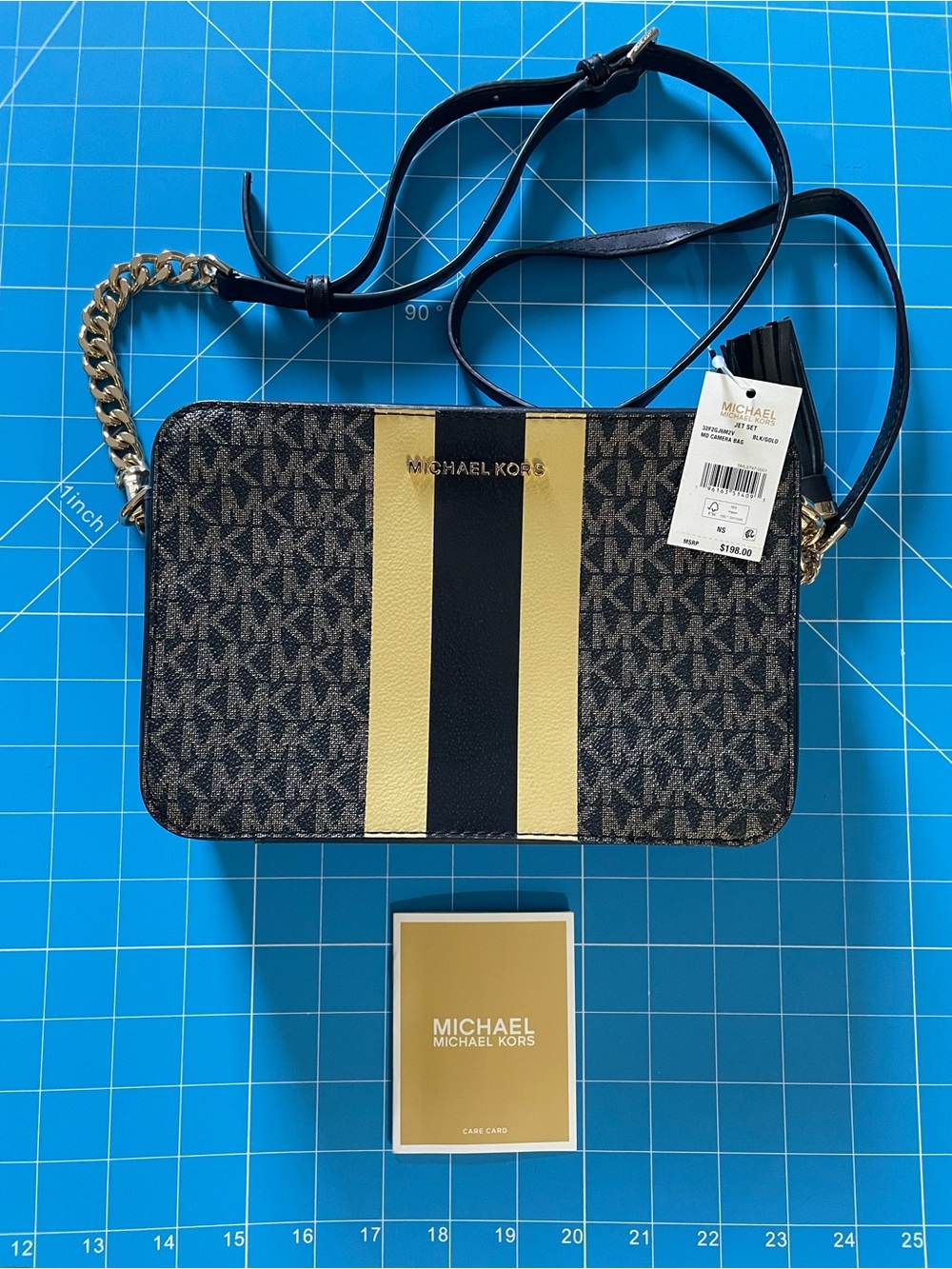 Michael Kors Brown and Black Signature Crossbody Bag with Gold Stripe